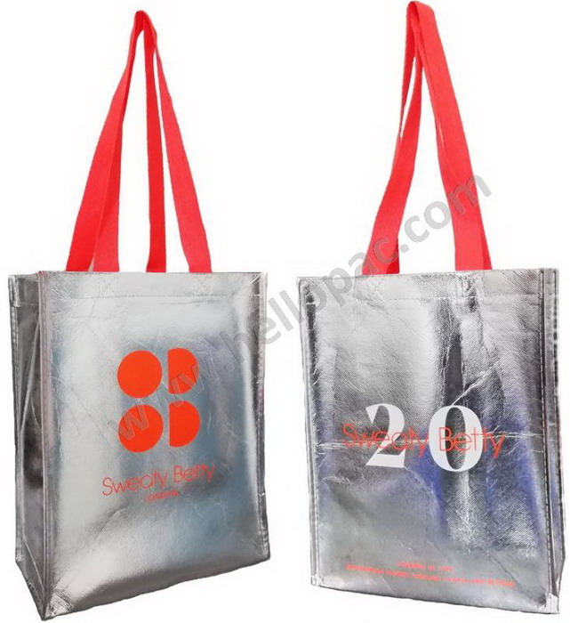 Promotional Reusable Metallic Silver Lamination Non Woven Shopper Giveaway Bag with Carriable Tote Handle and CMYK Lamination Print for Luxury Packaging