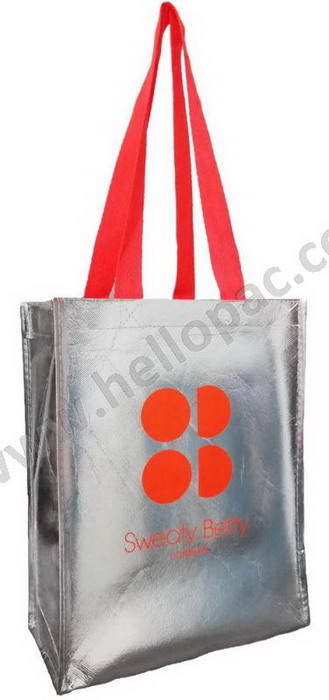 Promotional Reusable Metallic Silver Lamination Non Woven Shopper Giveaway Bag with Carriable Tote Handle and CMYK Lamination Print for Luxury Packaging