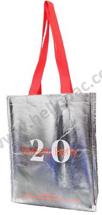 Promotional Reusable Metallic Silver Lamination Non Woven Shopper Giveaway Bag with Carriable Tote Handle and CMYK Lamination Print for Luxury Packaging