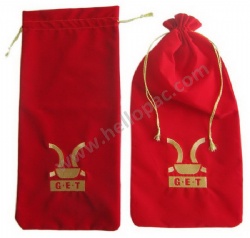 Reusable Red Microfiber Velvet Drawstring Bag with Cord and Embroidery