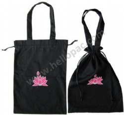 Promotional Black Cotton Drawstring Bag with Tote Handle and Customized Print