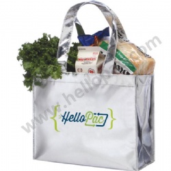 Promotional Reusable Metallic Silver Lamination Non Woven Shopper Giveaway Bag with Carriable Tote Handle and CMYK Lamination Print for Luxury Packaging