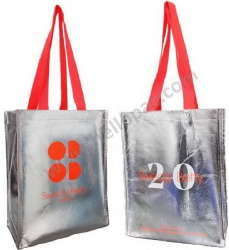 Promotional Reusable Metallic Silver Lamination Non Woven Shopper Giveaway Bag with Carriable Tote Handle and CMYK Lamination Print for Luxury Packaging